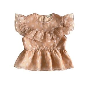 Wishing Waves Peach Polka Dot Ruffle Peplum Top Flutter Sleeve Sheer Organza L